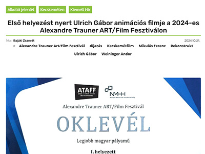 Első helyezést nyert Ulrich Gábor animációs filmje a 2024-es Alexandre Trauner ART/Film Fesztiválon